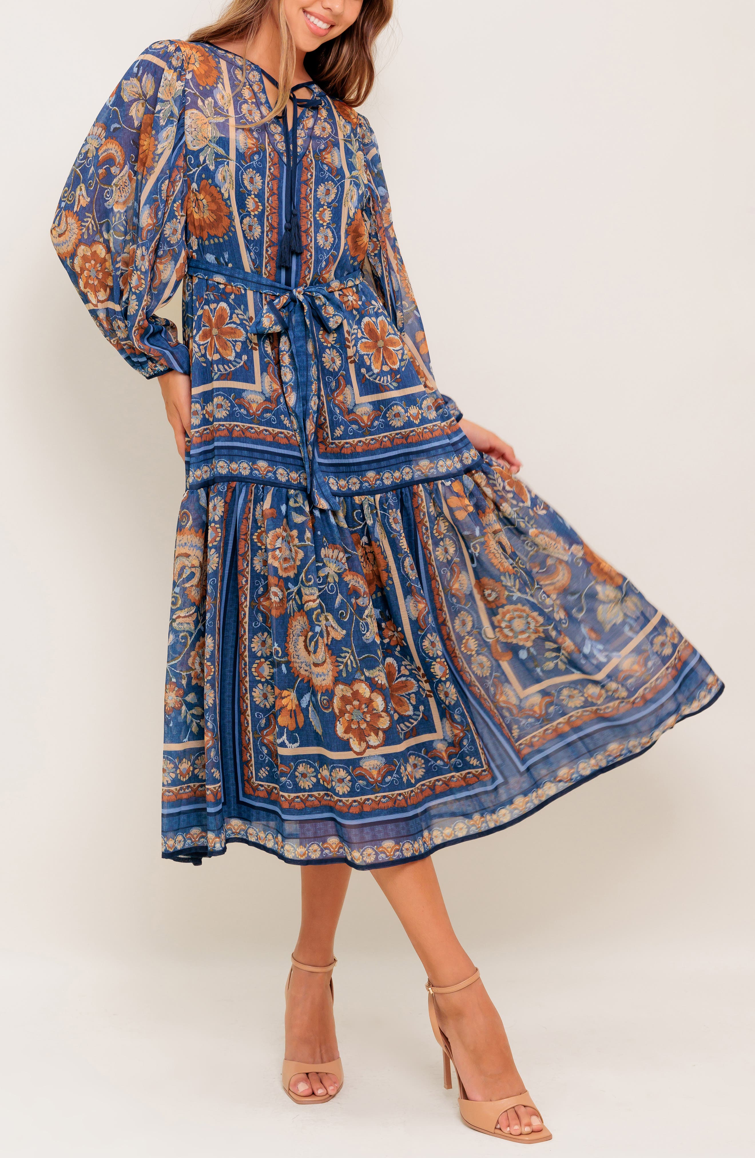 Split Neck Long Sleeve Midi Dress