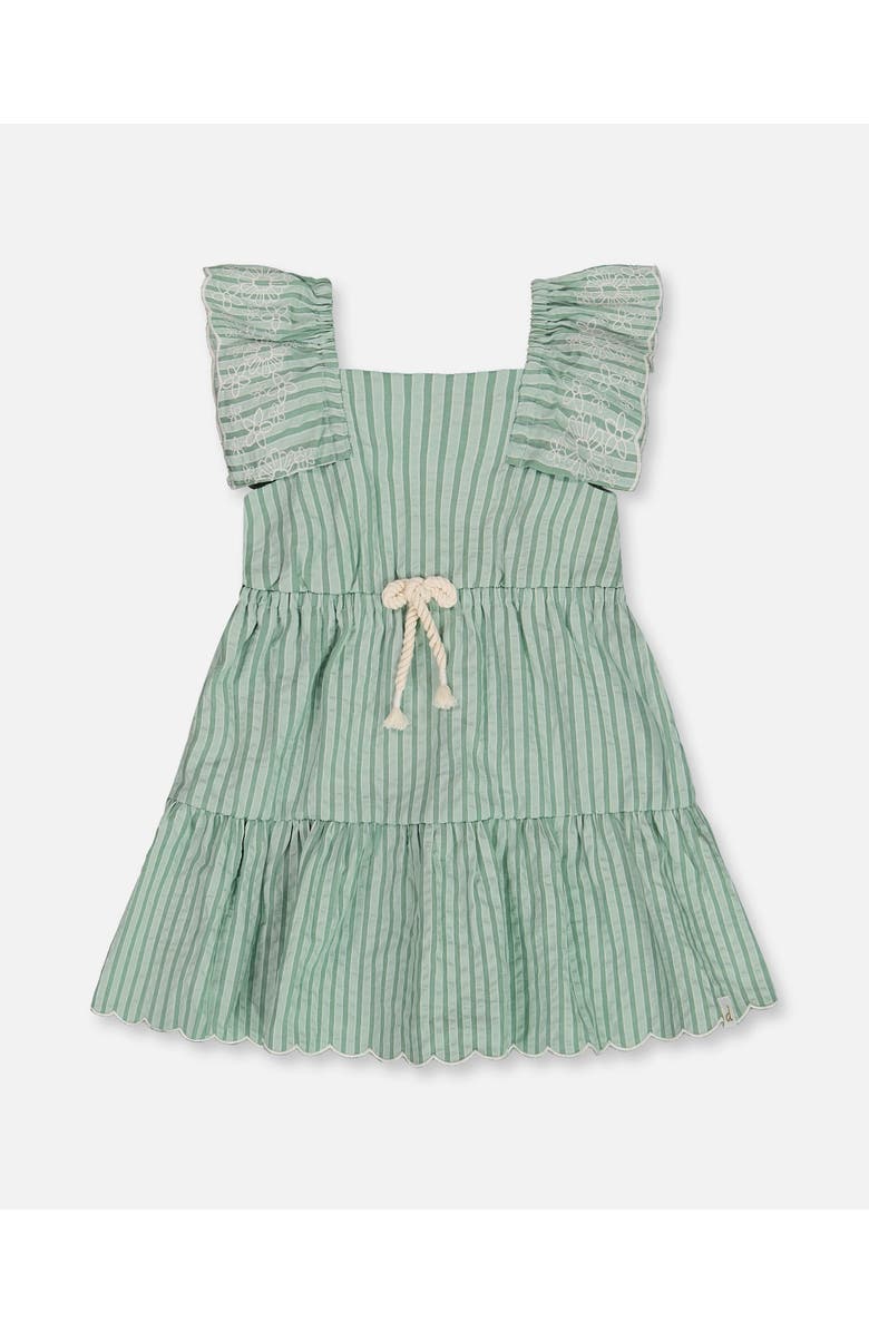 Deux par Deux Little Girl's Chambray Dress With Embroidery Mint Green Striped, Main, color,
