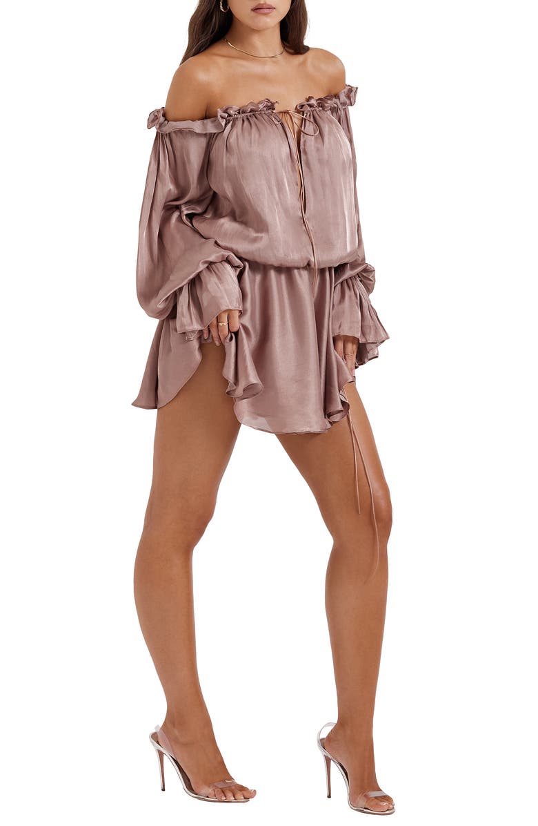 HOUSE OF CB Chaya Metallic Off the Shoulder Long Sleeve Chiffon Minidress, Alternate, color, 