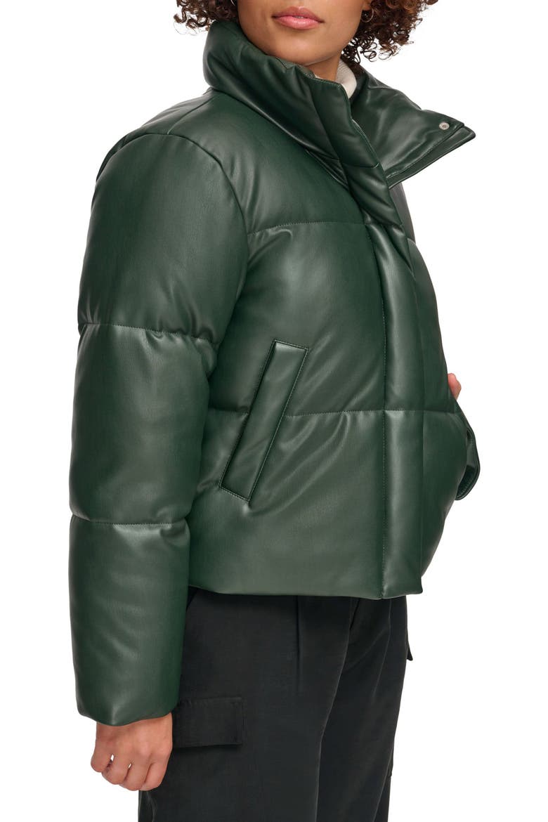 Water Resistant Faux Leather Puffer Jacket, Alternate, color, DARKEST SPRUCE