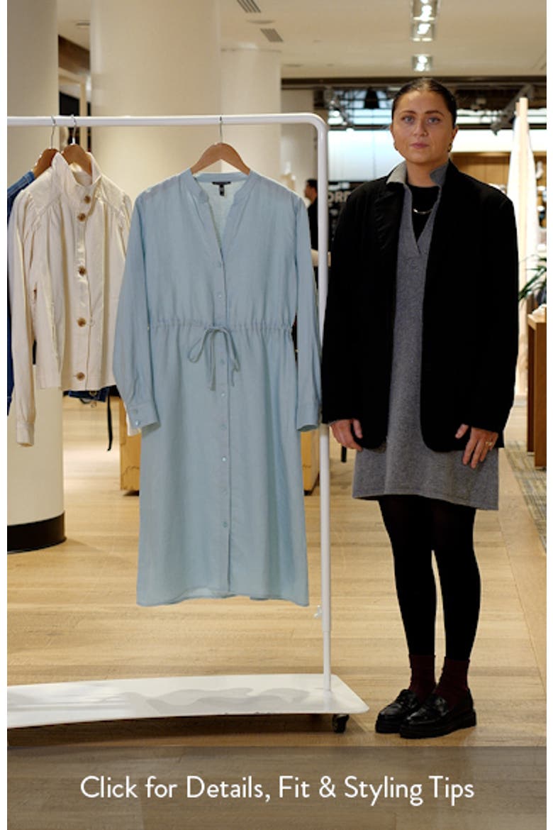 Mandarin Collar Long Sleeve Organic Linen Midi Shirtdress video