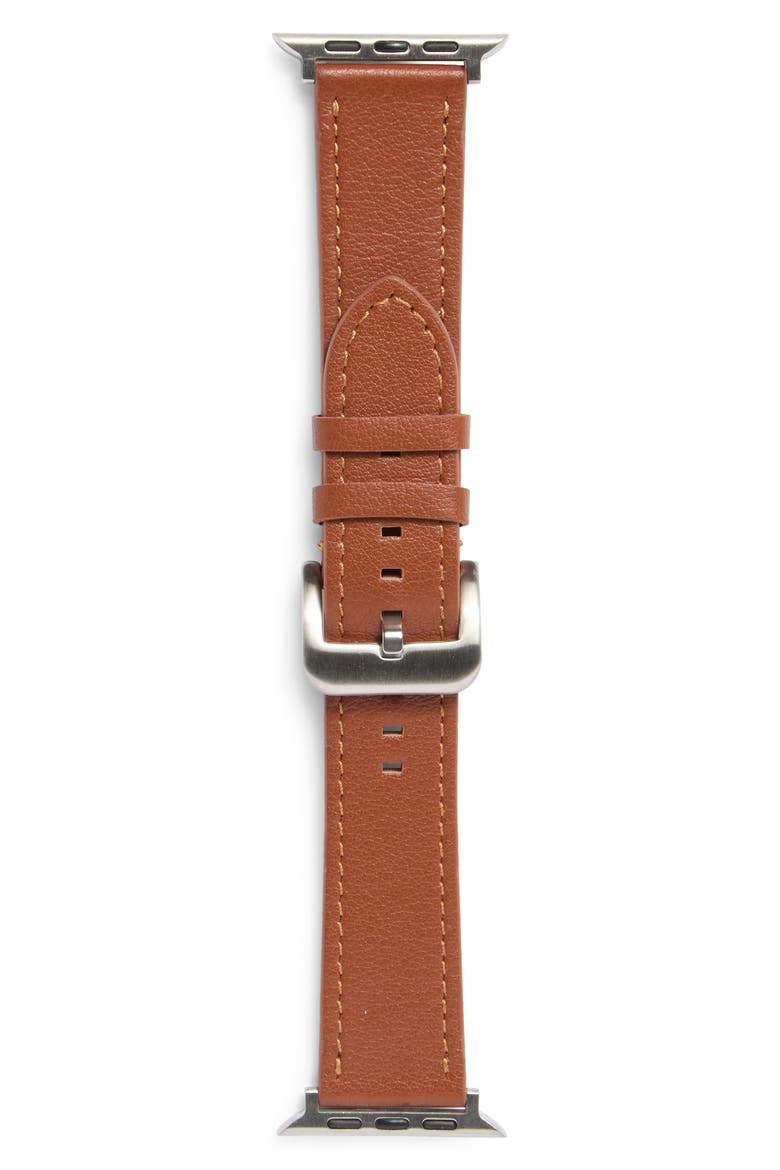 Wide Leather Apple Watch® Watchband, Alternate, color, COGNAC- SILVER