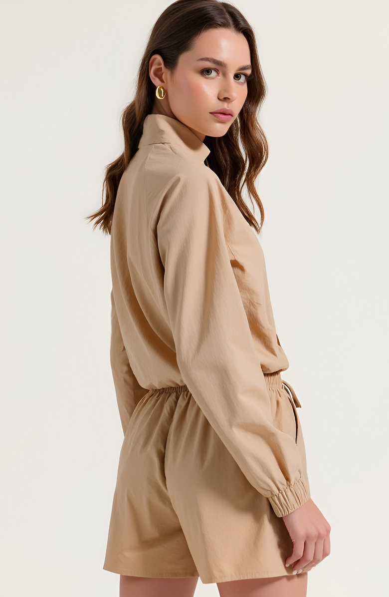 Modenaire Cropped Zip Front Jacket and High Waist Drawstring Shorts Set, Alternate, color, Tan