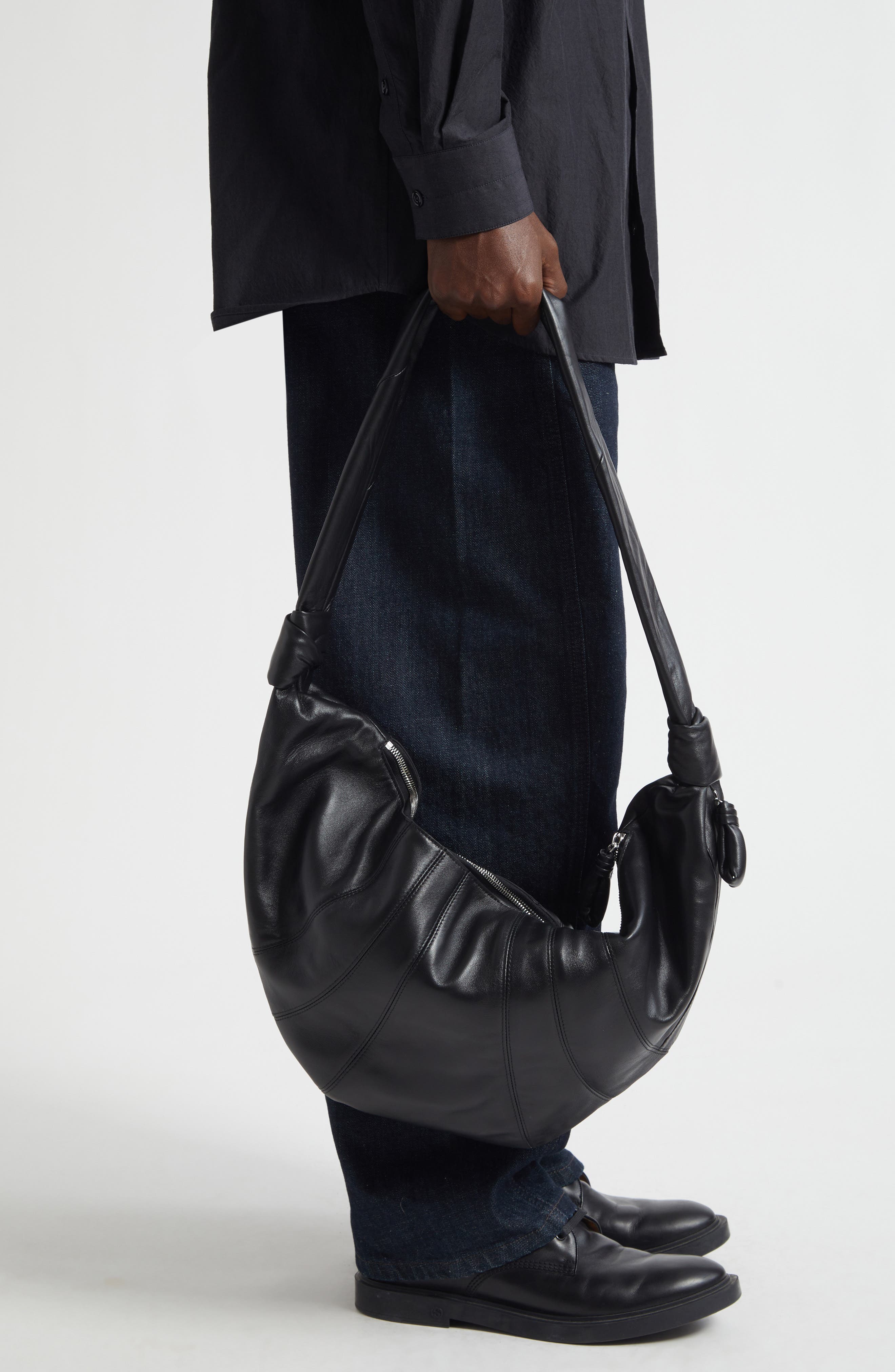 Lemaire Large Croissant Leather Bag, Alternate, color, Black
