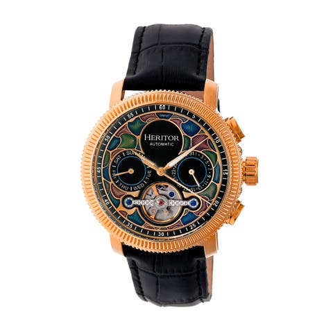 Aura Men's Semi-Skeleton Leather-Band Watch