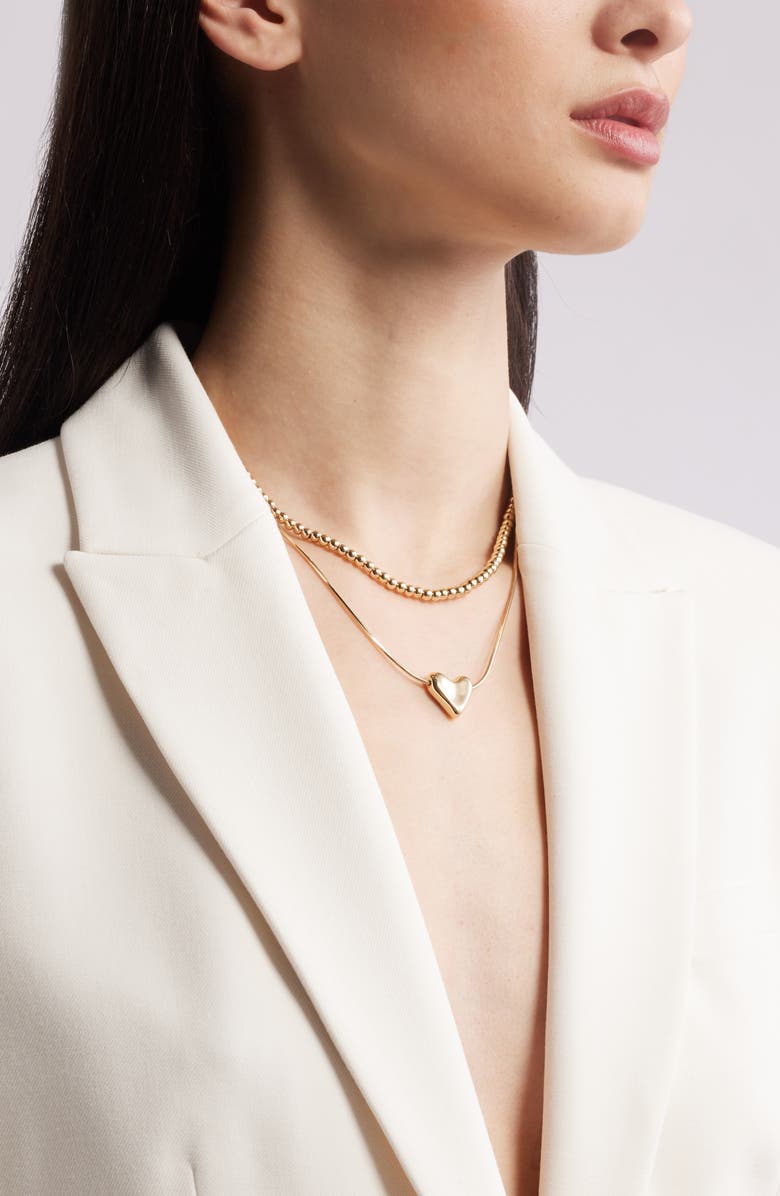 Nordstrom Set of 2 Bead Chain & Puffy Heart Pendant Necklaces, Alternate, color, Gold