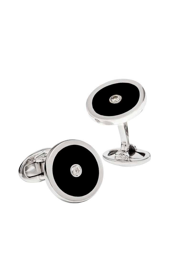 Black Onyx and Diamond Sterling Silver Round Cufflinks, Main, color, BLACK