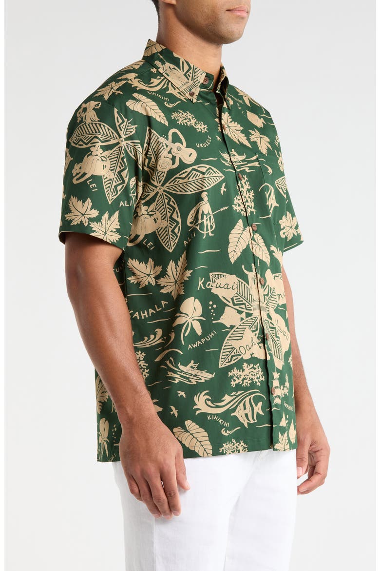 E Kipa Mai Print Cotton Short Sleeve Button-Down Shirt, Alternate, color, PINE