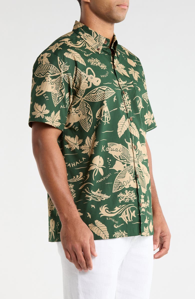 Kahala E Kipa Mai Print Cotton Short Sleeve Button-Down Shirt, Alternate, color, Pine