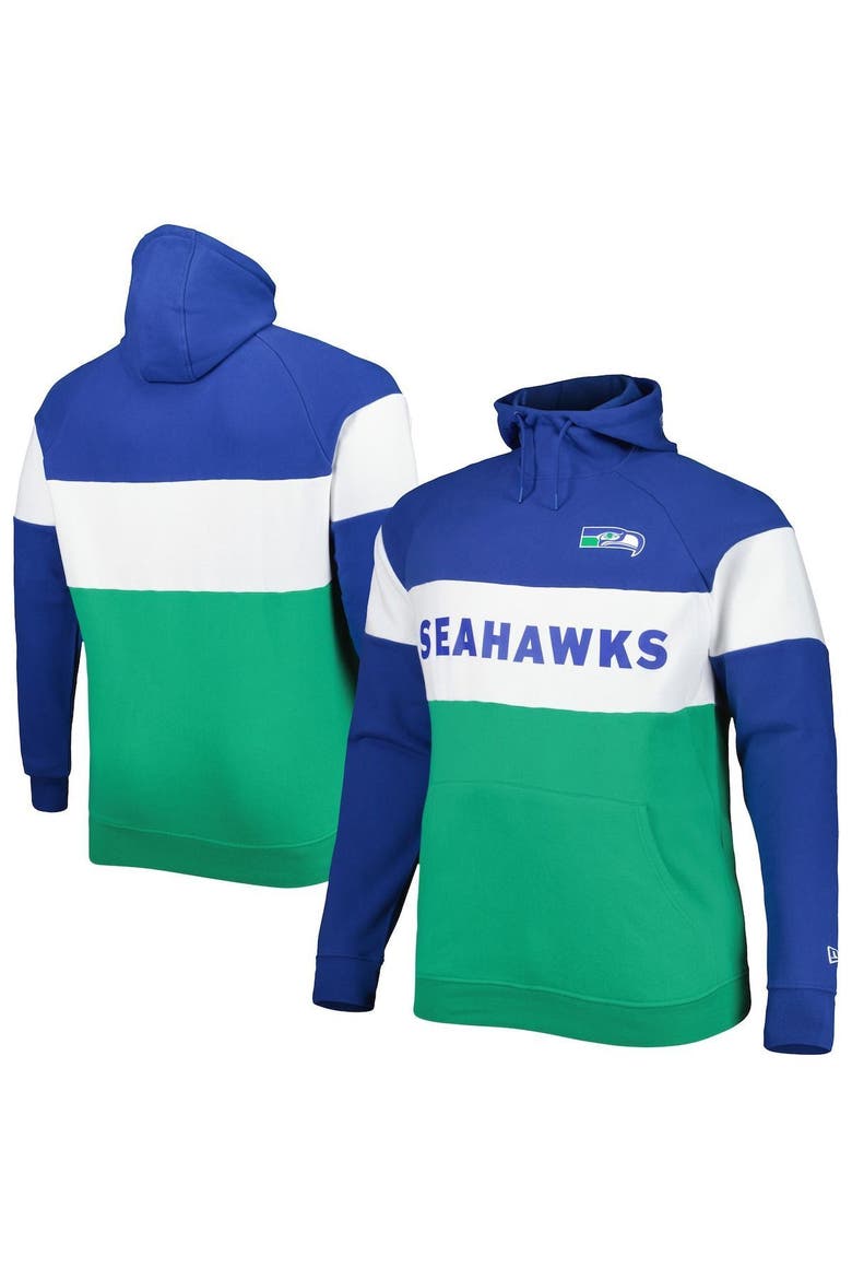 Men's New Era Kelly Green Seattle Seahawks Big & Tall Throwback Colorblock Raglan Pullover Hoodie, Main, color, Kelly Green