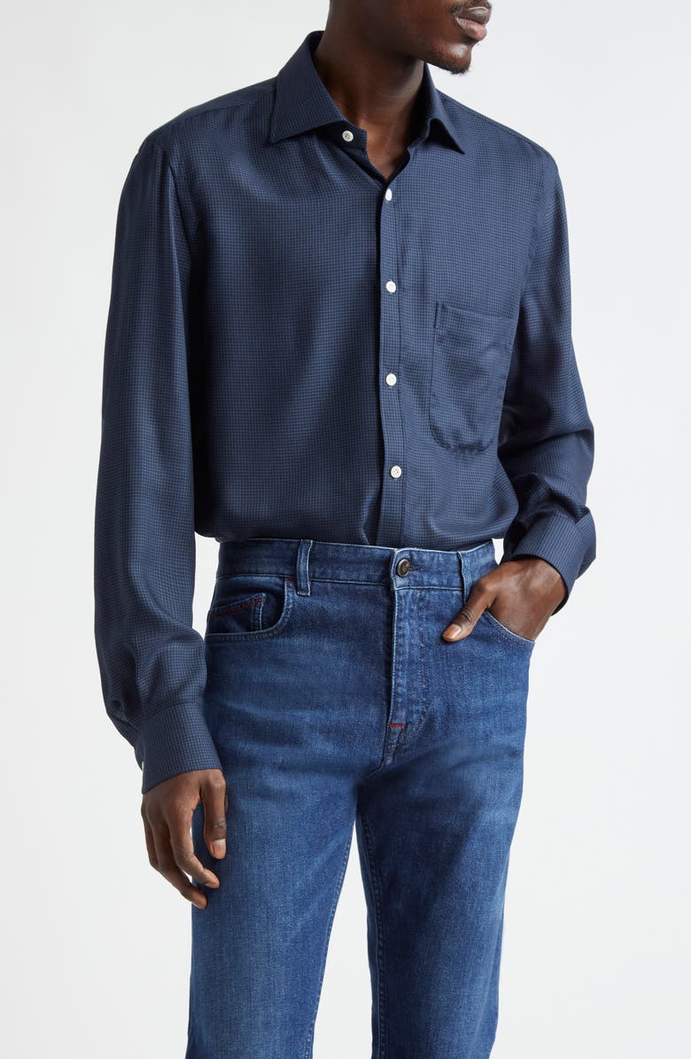 ISAIA Houndstooth Check Wool Button-Up Shirt, Main, color, Medium Blue