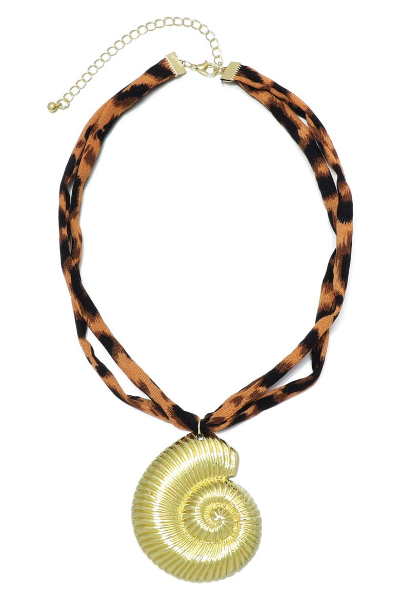 Shell Pendant Leopard Print Necklace, Main, color, BROWN/ GOLD