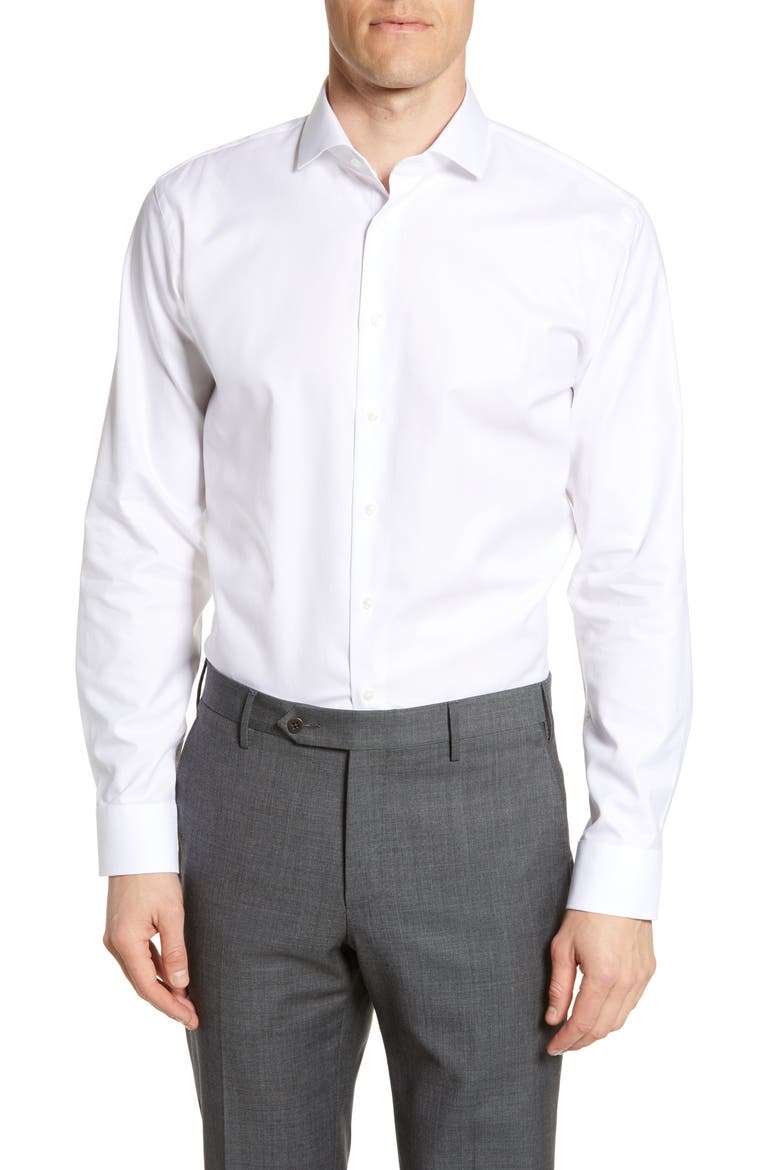 Trim Fit Herringbone Dress Shirt, Main, color, WHITE