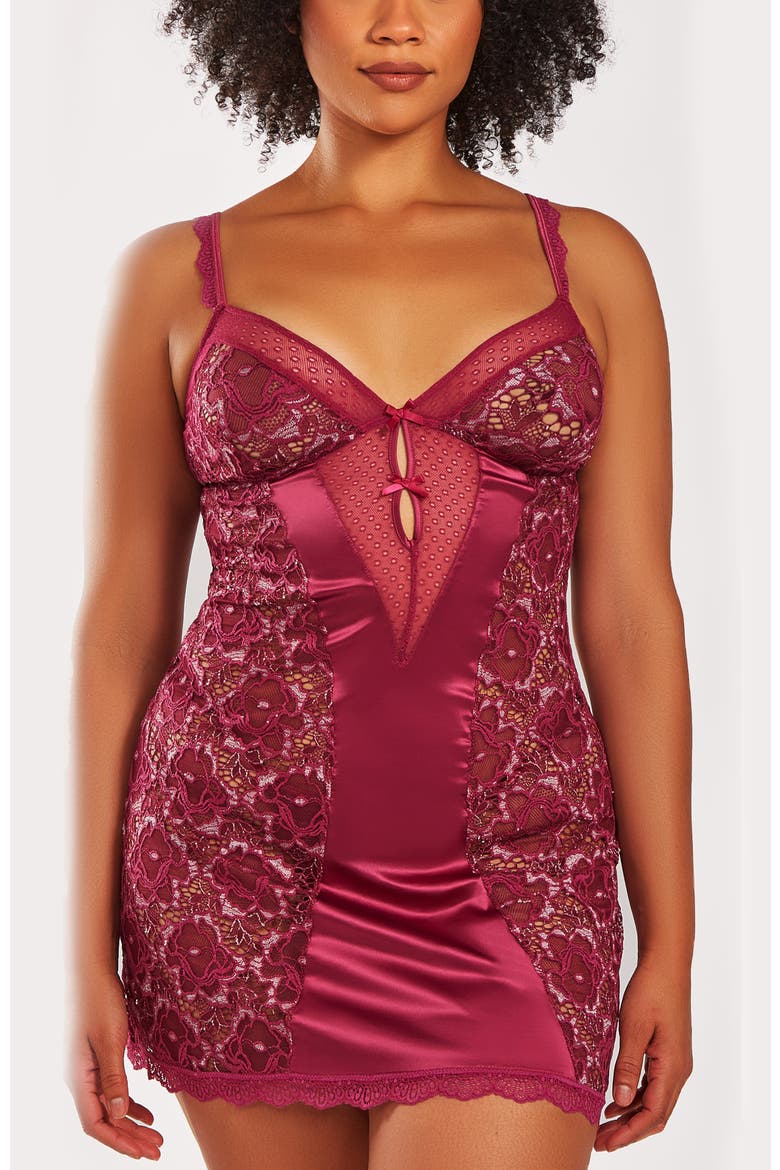 Two-Toned Lace & Satin Chemise Set, Main, color, Wine