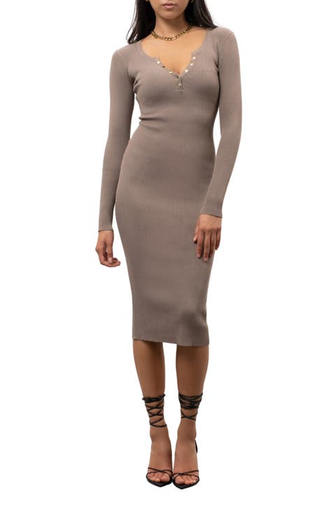 Long Sleeve Rib Knit Midi Dress