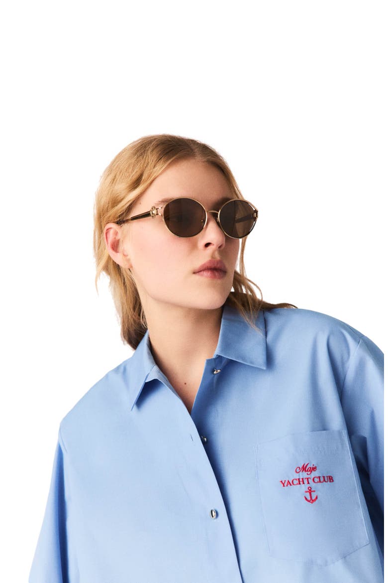Pleated back embroidered shirt, Alternate, color, Blue