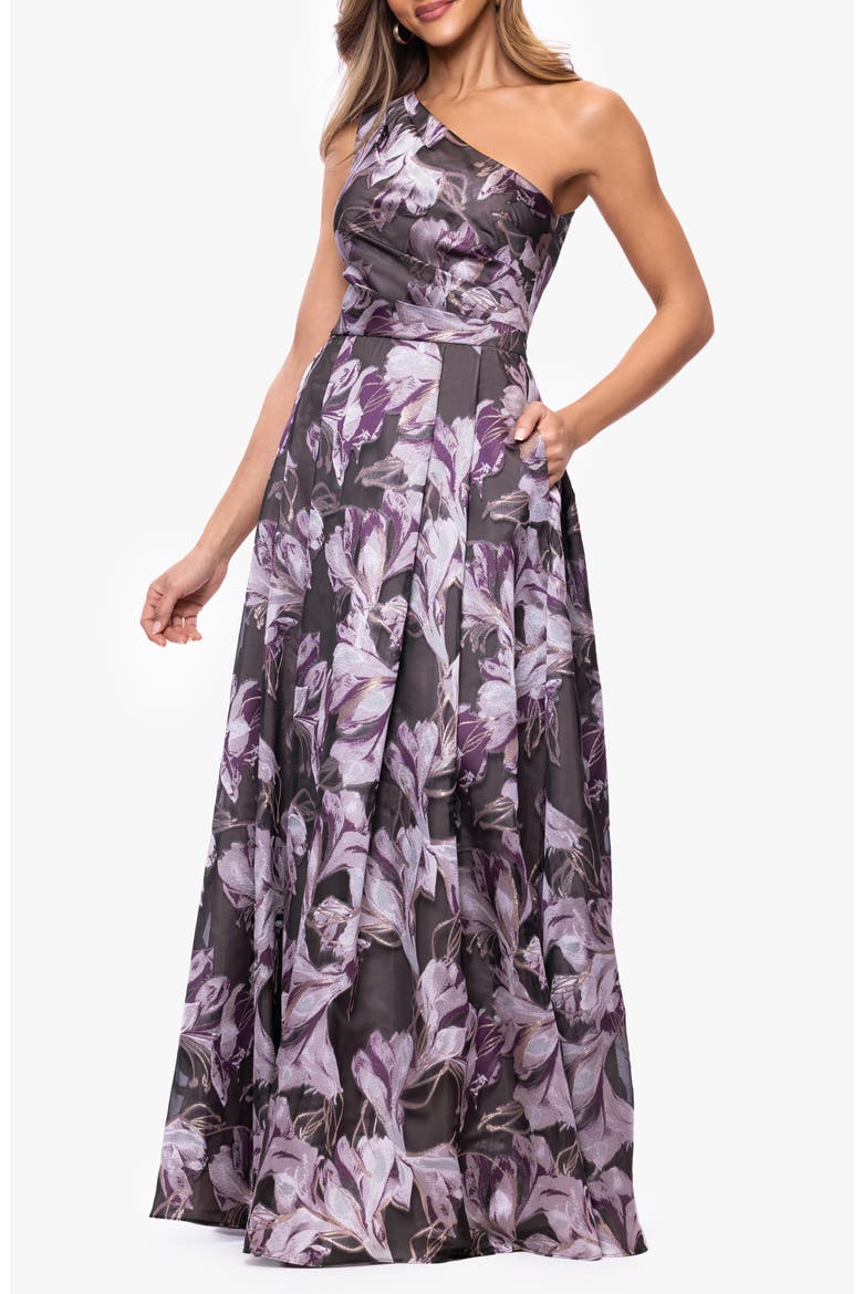 Pleated One-Shoulder Ballgown, Alternate, color, BLACK/ LILAC
