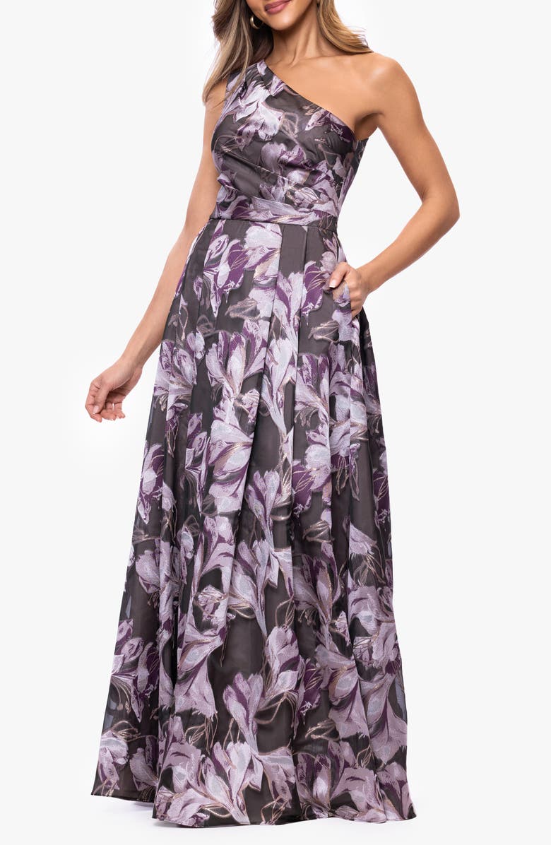 Xscape Evenings Pleated One-Shoulder Ballgown, Alternate, color, Black/ Lilac