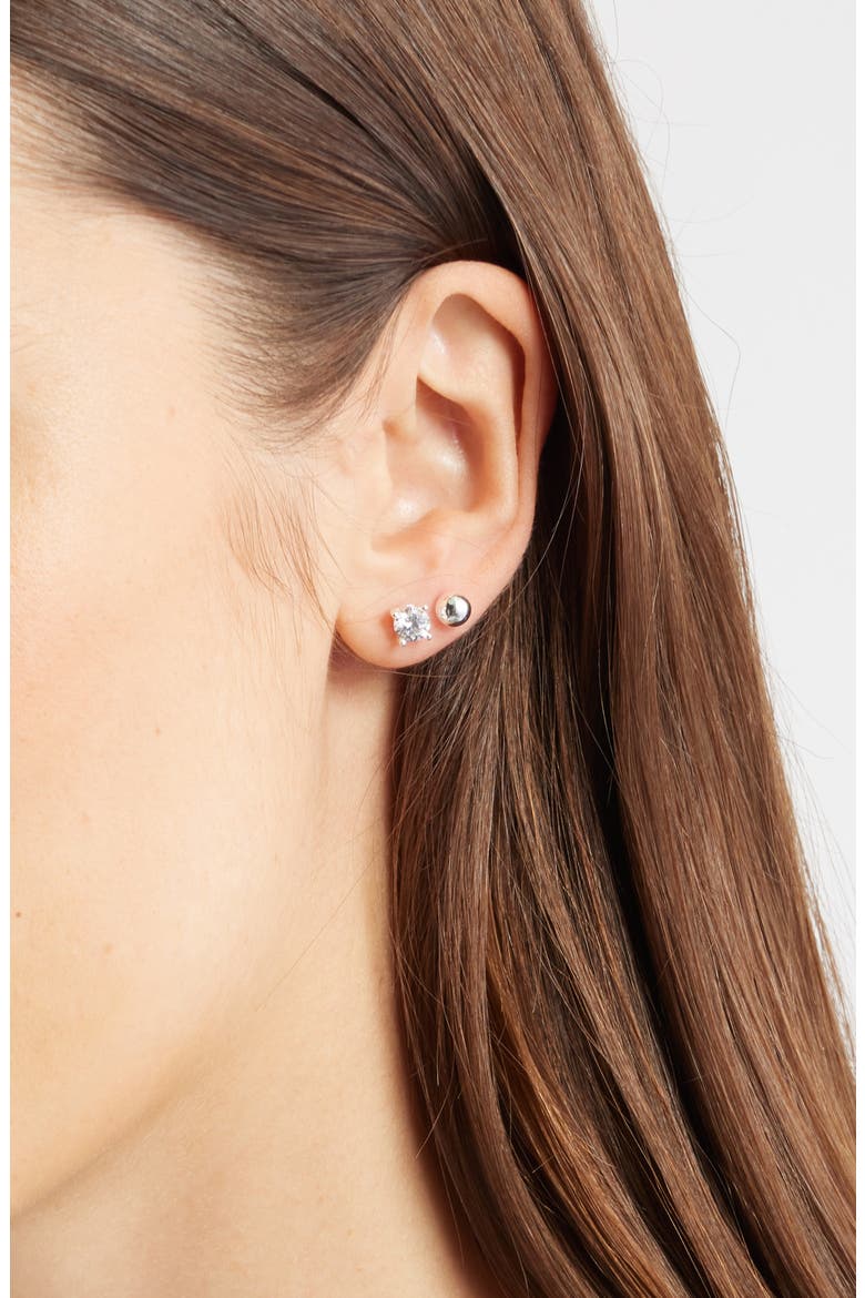 Set of 4 Demi Fine Essentials Stud & Hugging Hoop Earrings, Alternate, color, STERLING SILVER PLATED