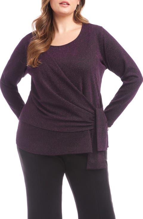 Metallic Knit Side Drape Long Sleeve Top (Plus)