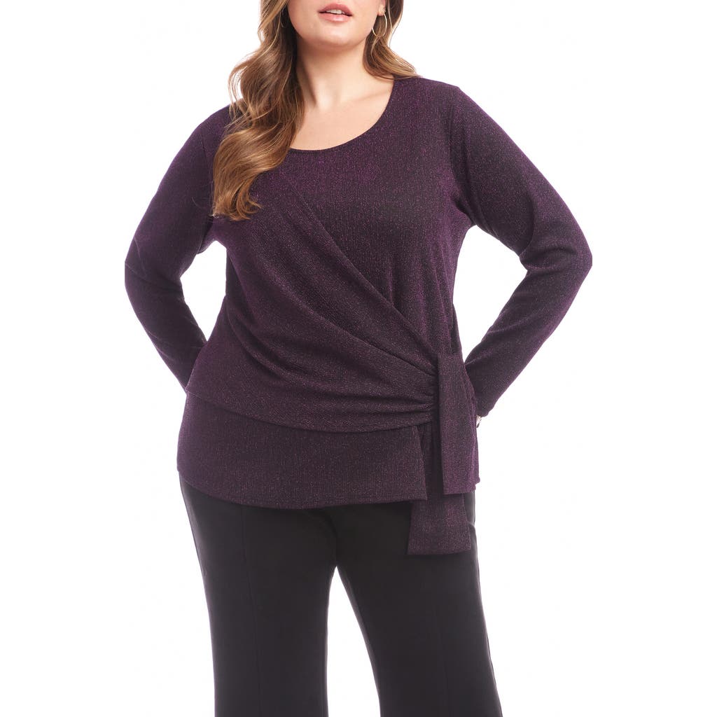 Karen Kane Metallic Knit Side Drape Long Sleeve Top In Purple