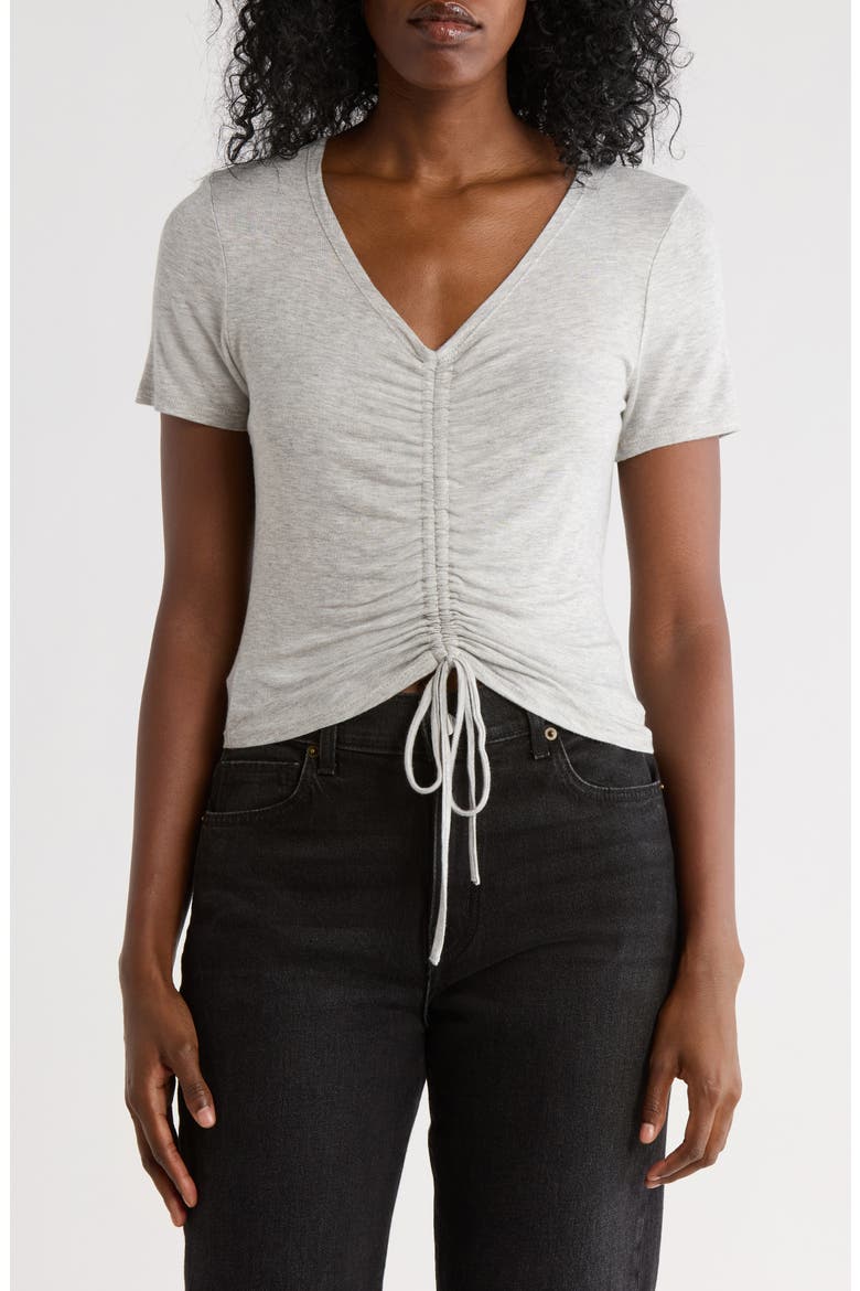 Drawstring Ruched Front Top, Main, color, HEATHER GREY