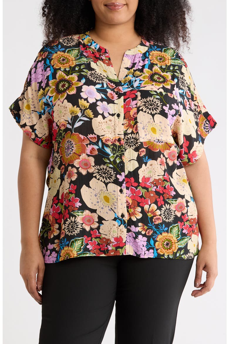 Elbow Sleeve Button-Up Shirt, Main, color, BLACK MULTI FLORAL