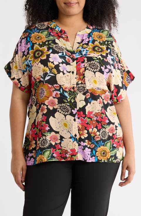 Elbow Sleeve Button-Up Shirt (Plus)