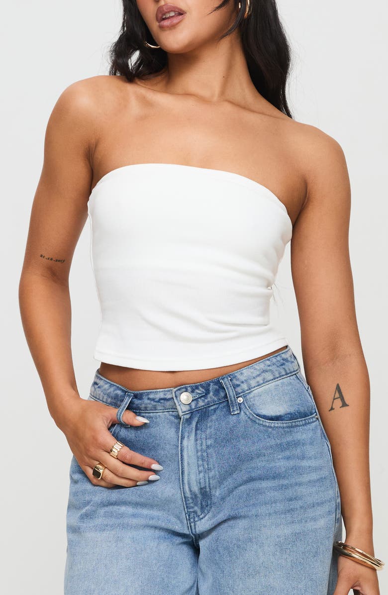 Princess Polly Baseline Strapless Rib Stretch Cotton Top, Main, color, White