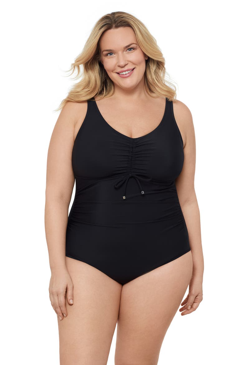 Plus Size Cinch V-neck Side Shirred One-Piece Swimsuit, Main, color, Black