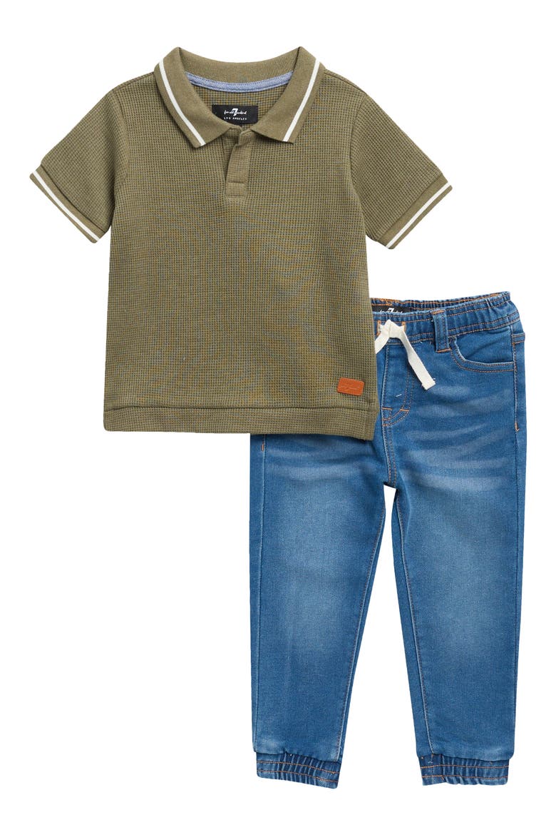 Kids' Woven Polo Shirt & Straight Leg Jeans Set, Main, color, OLIVINE