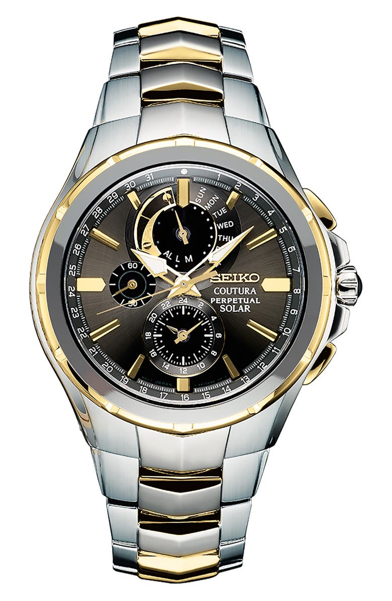 SEIKO WATCHES Coutura Perpetual Chronograph Solar Bracelet Watch, 44mm, Main, color, Black/ Two Tone