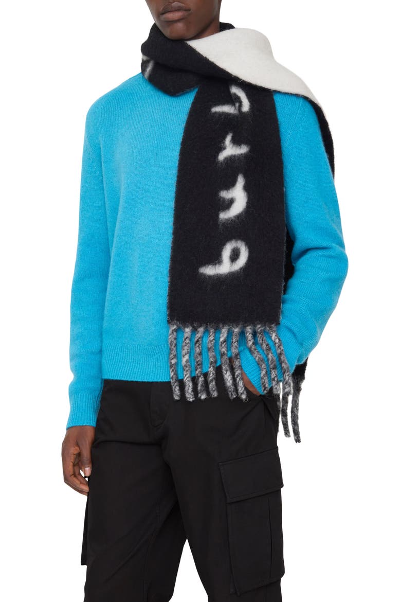 Logo Text Jacquard Reversible Alpaca & Wool Blend Fringe Scarf, Alternate, color, BLACK