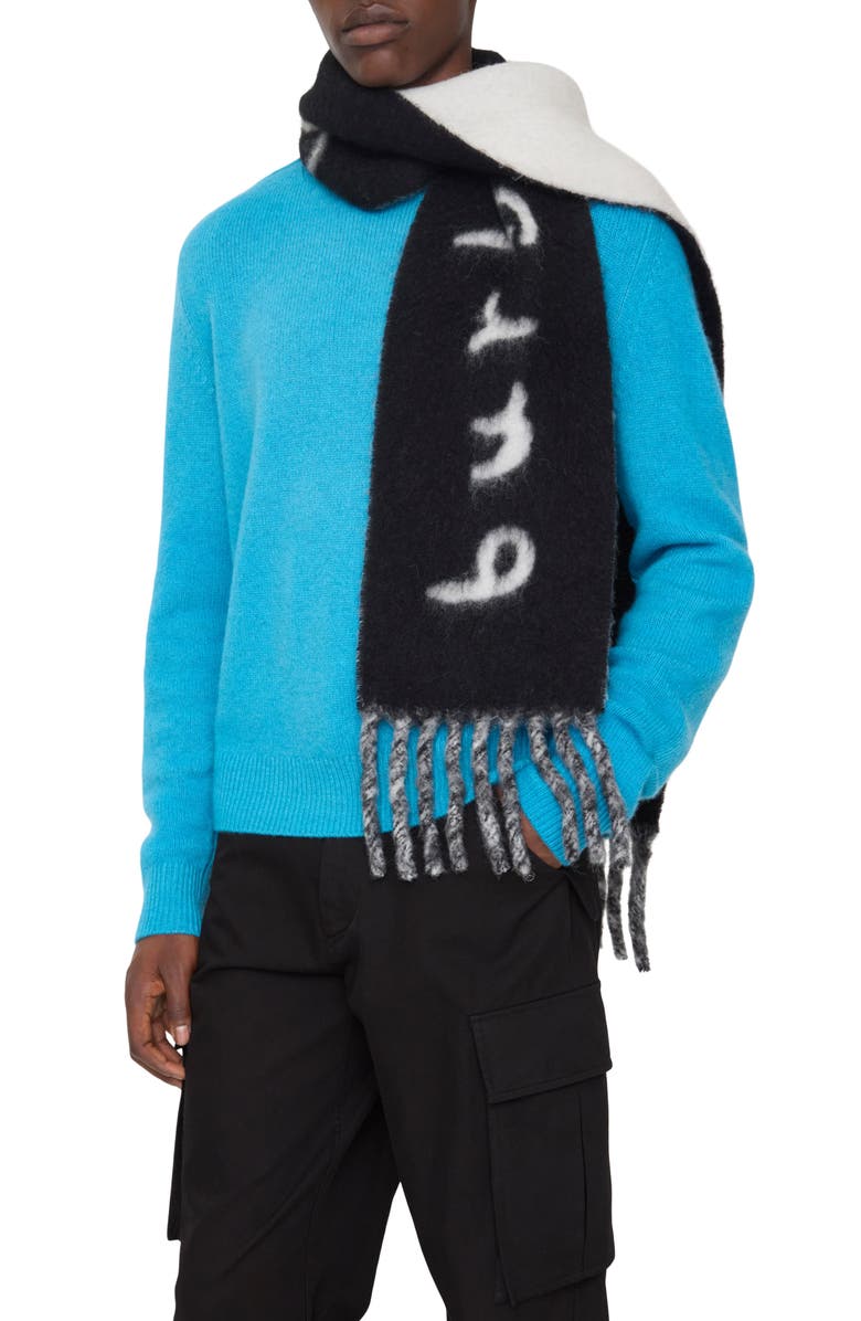 Burberry Logo Text Jacquard Reversible Alpaca & Wool Blend Fringe Scarf, Alternate, color, Black