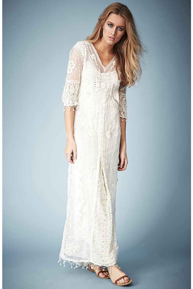 Kate Moss for Topshop Crochet Lace Maxi Dress, Main, color, CREAM