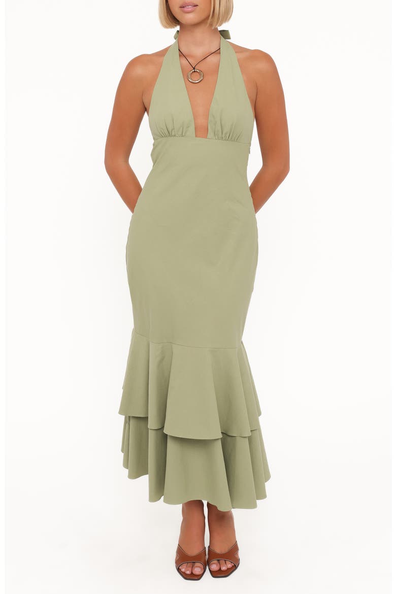 Robyn Plunge Halter Neck Cotton Maxi Dress, Main, color, OLIVE GREEN