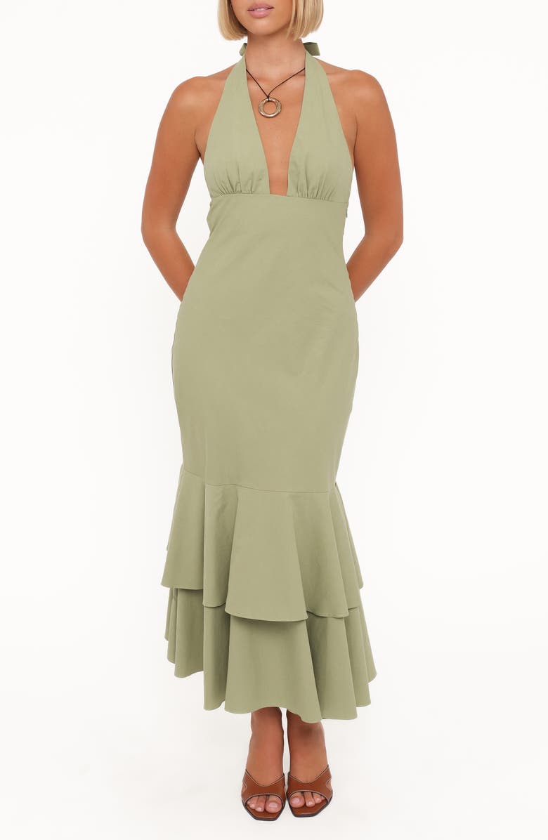 Petal & Pup Robyn Plunge Halter Neck Cotton Maxi Dress, Main, color, Olive Green
