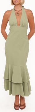 Petal & Pup Robyn Plunge Halter Neck Cotton Maxi Dress