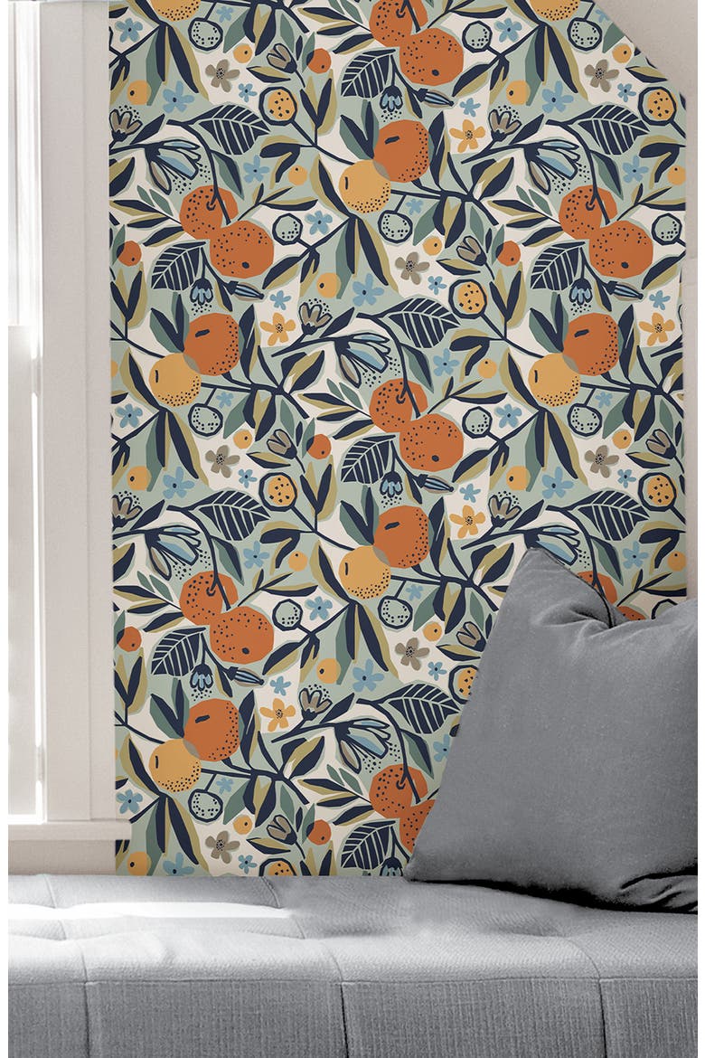 Navy Clementine Garden Peel and Stick Wallpaper, Alternate, color, ORANGE