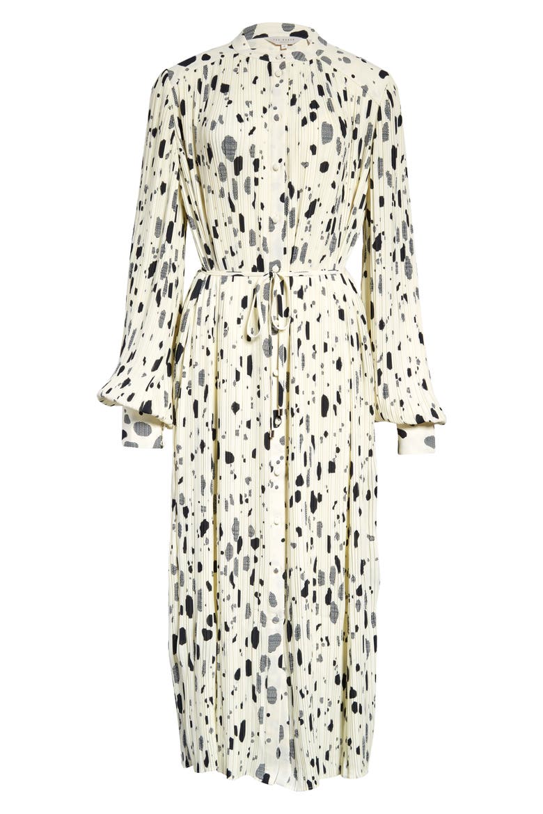 Mix Dot Print Long Sleeve Plissé Shirtdress, Main, color, NATURAL