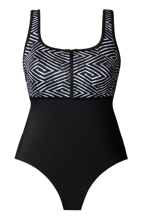 Shapesolver Sport Scoopneck Zipper Tank Chlorine Resistant One-piece Swimsuit In Black