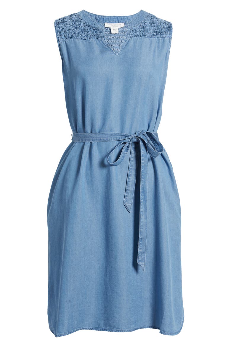 Riri Smocked Yoke Tie Waist Sleeveless Chambray Dress, Alternate, color, MEDIUM WASH