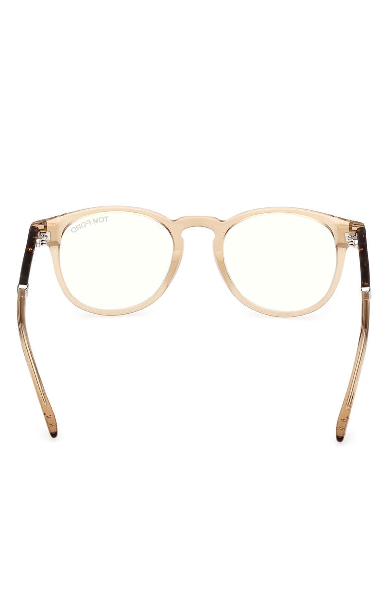 TOM FORD 49mm Round Blue Light Blocking Optical Glasses, Alternate, color, Beige / Palladium / T Logo