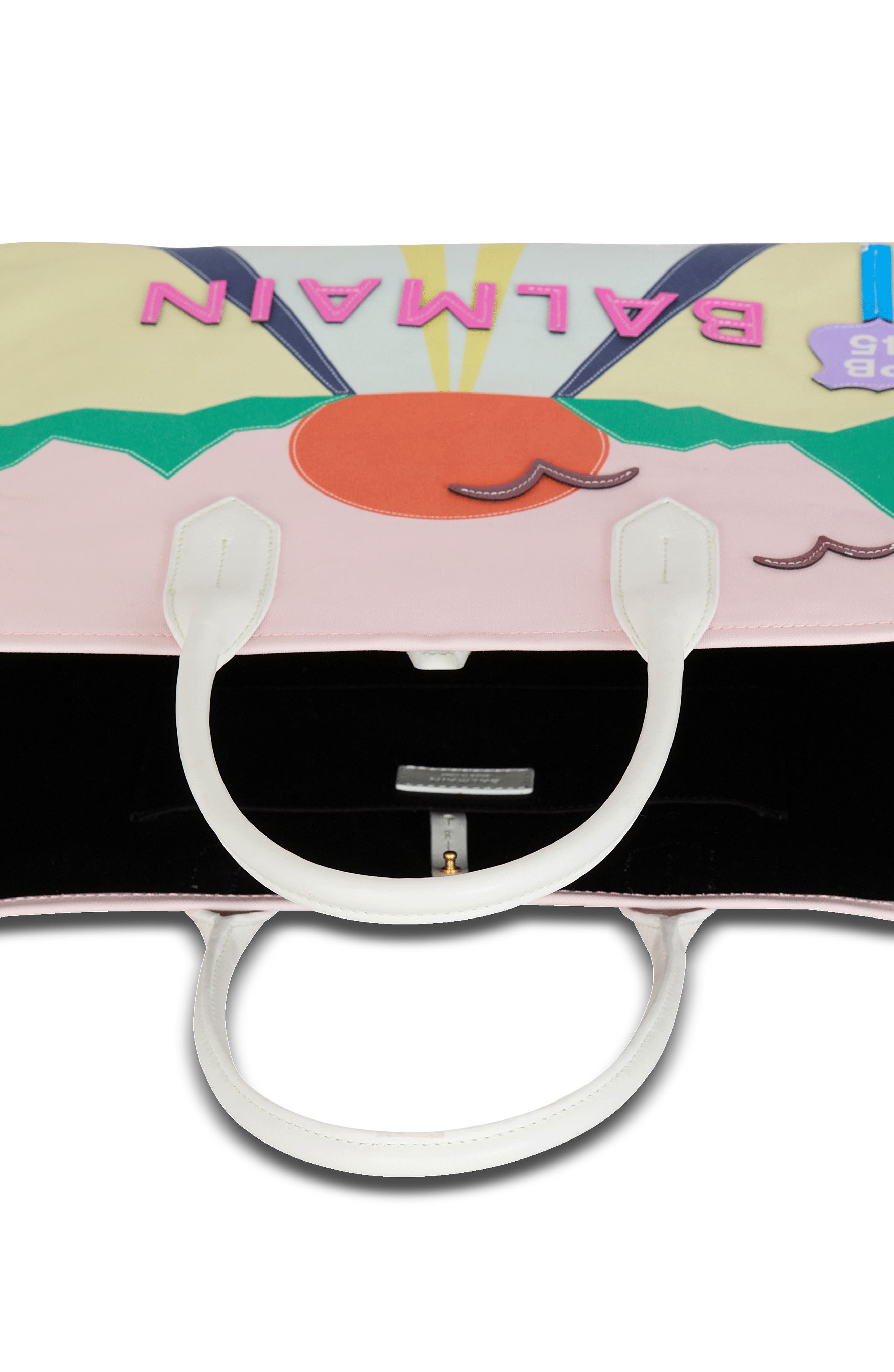 Balmain Medium B-Army Postcard Print Leather & Canvas Shopper Tote, Alternate, color, 