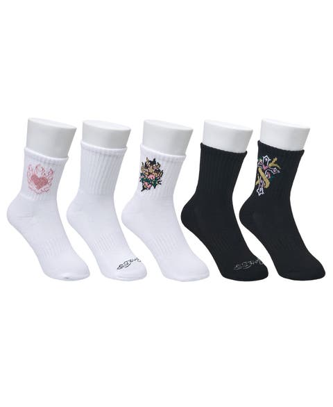 Flowery Cross Print Half Cushion Mid Crew Sock 5 Pack