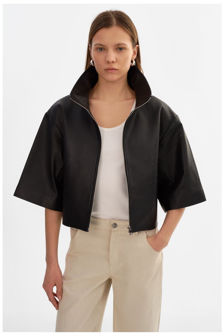 Elin | Leather Funnel Neck Jacket, Main, color, Black