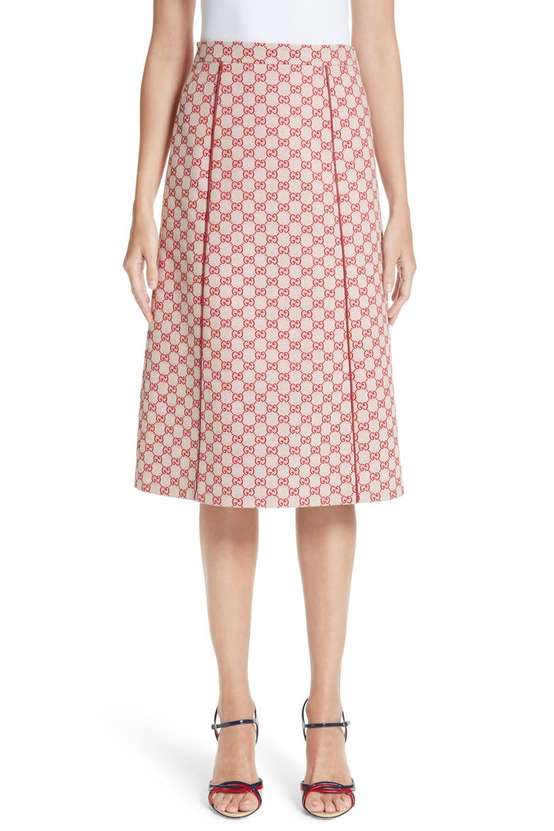 GG Print Canvas A-Line Skirt, Main, color, GARDENIA/ HIBISCUS RED