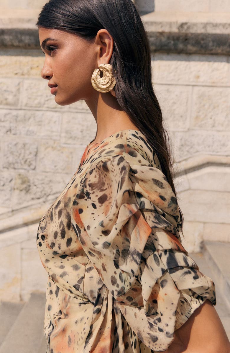 Friends Like These Ruched Puff Sleeve Chiffon Maxi Dress, Alternate, color, Brown