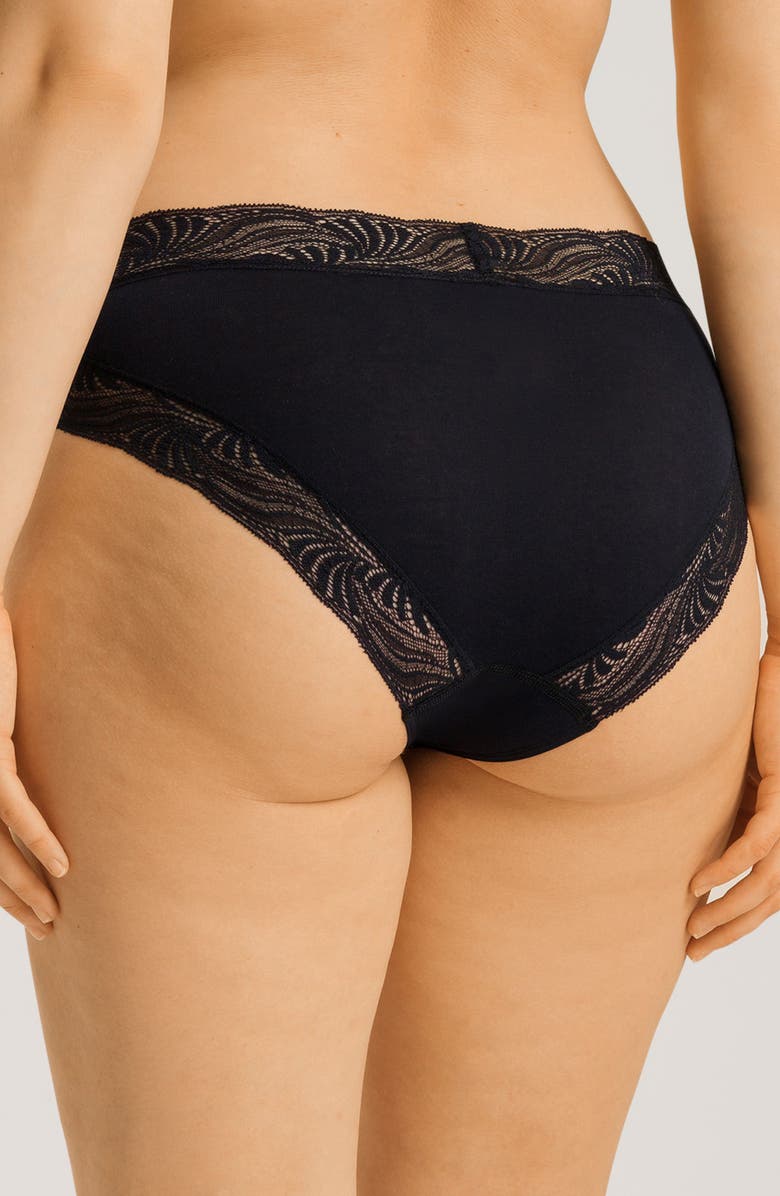 Hanro Cotton Delight Lace Trim High Cut Briefs, Alternate, color, Black