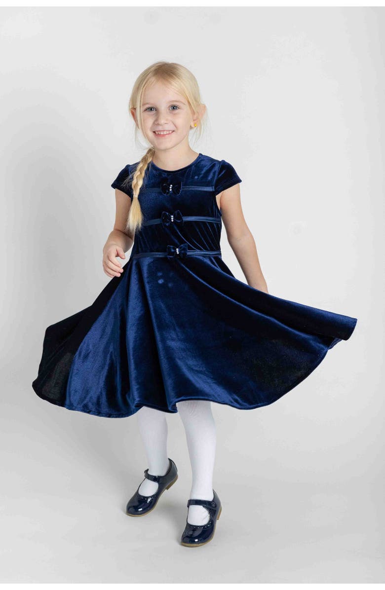 Florence Eiseman Stretch Velvet Dress With Pearls, Alternate, color, Navy